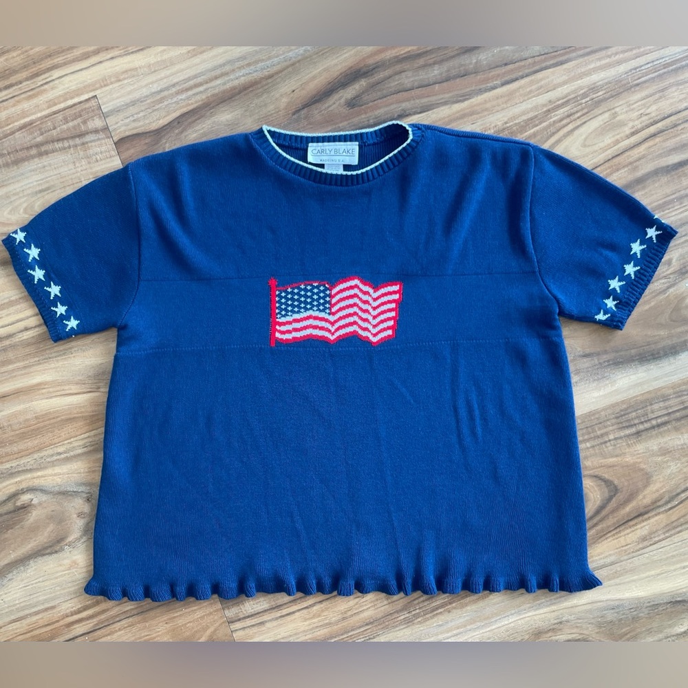 Vintage Carly Blake American Flag Sweater Navy Americana Patriotic Knit XL USA